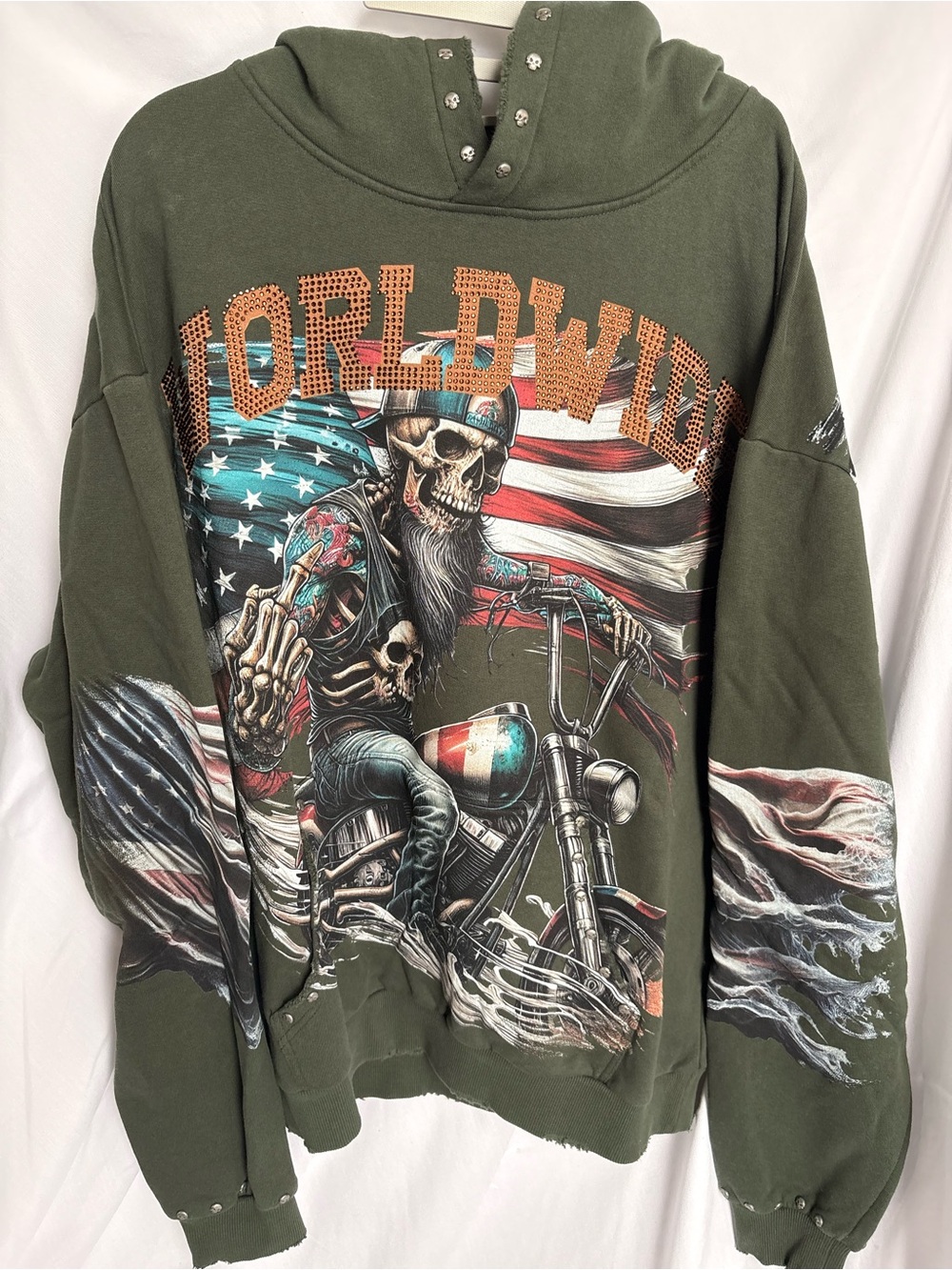 NWT Stray dark green hoodie - skull motorcycle graphic with rhinestone - Size L